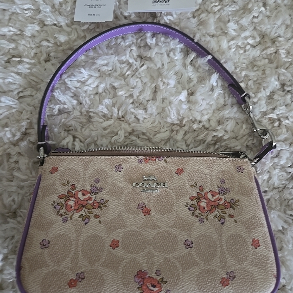 Coach Floral Nolita 19 Sand Wristlet Bag in Cream/purple